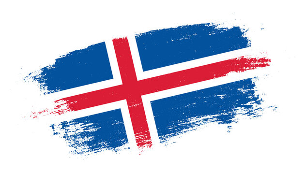 Flag of Iceland country on brush paint stroke trail view. Elegant texture of national country flag