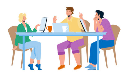 Team Work Together At Table In Office Room Vector. Colleagues Discussion About Project, Brainstorming And Developing Strategy, Employees Team Work. Characters Flat Cartoon Illustration