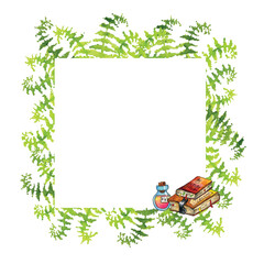 square frame of watercolor fern leaves, magic books and potion on white background.