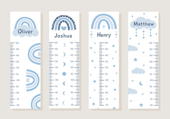 Vector Set of kids height charts with abstract boho rainbows and clouds in pastel blue colors. Meter wall with trendy design. Children growth chart. Bohemian elements for baby nursery with boy names. - obrazy, fototapety, plakaty