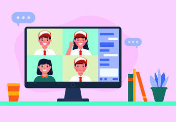 Illustration of online school video conference with indonesian elementary school students with teacher on screen vector stock