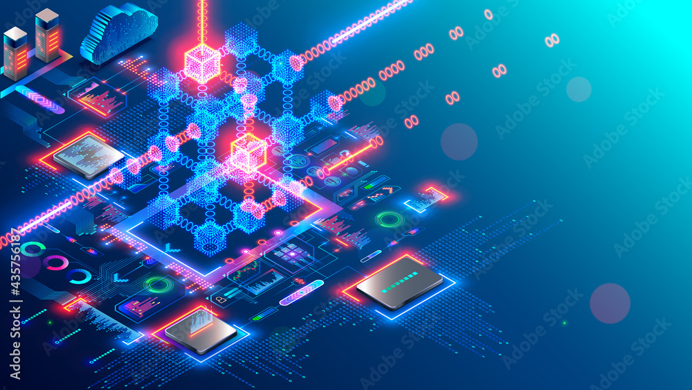 Poster Blockchain and fintech of crypto currency. Block chain technology. Mining cryptocurrency isometric concept. Computer server in networking generates digital money. Future of financial tech.