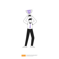 businessman or young man worker character celebrate success pose with cup trophy on hand gesture in flat style isolated vector illustration