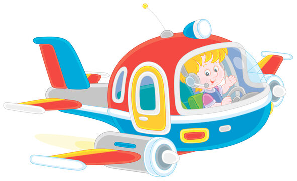 Happy little boy piloting a colorful toy high-speed jet plane on a playground, vector cartoon illustration on a white background