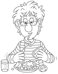 Funny young fellow with disheveled hair having lunch at table, black and white outline vector cartoon illustration