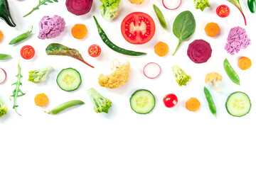 Fresh vegetables, shot from the top on a white background with copy space. Healthy eating composition