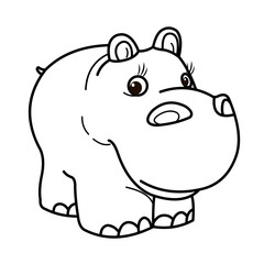 Animals, coloring book for kids. Black and white image, hippopotamus.