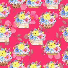 Seamless floral pattern. Watercolor background with flowers. Colorful flowers. Illustration for fabric and wrapping paper.