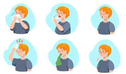 Set of boy sickness symptoms. Cartoon vector illustration. Boy sneezing, coughing, blowing nose, having rash, headache, high temperature. Illness, flu, infection, disease, health, COVID-19 concept