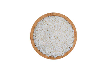 uncooked Thai sticky rice in wooden bowl isolated on white background with Clipping Path