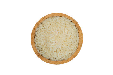 uncooked Thai jasmine rice in wooden bowl isolated on white background with Clipping Path