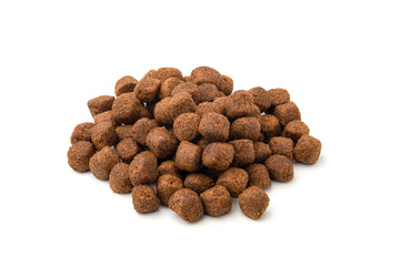 Heap of Floating Pellet fish feed on white background.close up macro