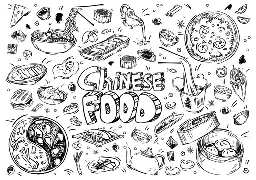 Hand drawn vector illustration. Doodle Chinese food:, soups, dumpling, hotpot, fish, noodles, spring rolls, rice, meat, eggs, salad, tea