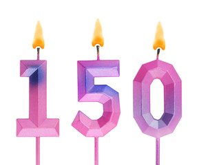 Pink and blue burning birthday candles isolated on white background, number 150