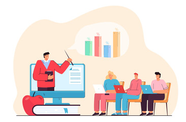 Financial coach explaining people how to invest money. Development, investing, education flat vector illustration. Business process and finance concept for banner, website design or landing web page