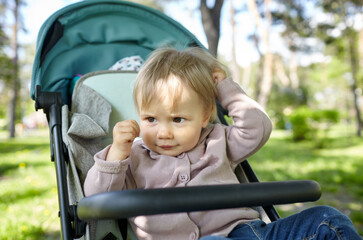 Baby in stroller on a walk in spring park. Adorable little girl in common clothes sitting in blue pushchair. Child in buggy