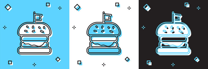 Set Burger icon isolated on blue and white, black background. Hamburger icon. Cheeseburger sandwich sign. Fast food menu. Vector