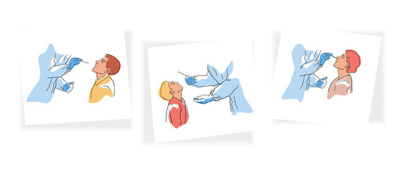  Coronavirus Covid 19 testing.Health Professional introducing nasal swab to patient.PCR test line drawing 