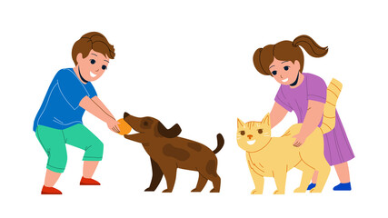 Fototapeta premium Kids Playing With Pets Together In Park Vector. Little Boy Play With Dog And Ball, Girl Stroking Cat Pets. Characters Brother And Sister Enjoying With Domestic Animals Flat Cartoon Illustration