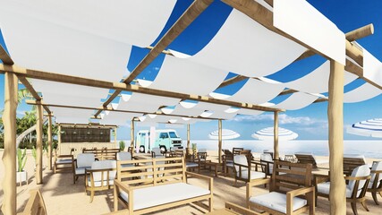 3d render from imagine summer beach bar in the sand with the sea beach bed bar sea food 