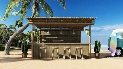 3d render from imagine summer beach bar in the sand with the sea beach bed bar front bar - obrazy, fototapety, plakaty