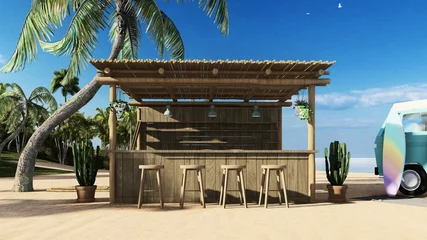 Foto op Plexiglas 3d render from imagine summer beach bar in the sand with the sea beach bed bar front bar © parakorn