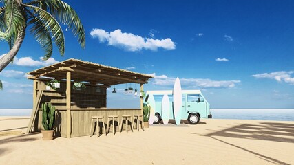 3d render from imagine summer beach bar in the sand with the sea beach bed bar counter beach bar - obrazy, fototapety, plakaty