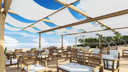 3d render from imagine summer beach bar in the sand with the sea beach bed bar restaurant