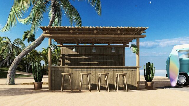 3d render from imagine summer beach bar in the sand with the sea beach bed bar front bar