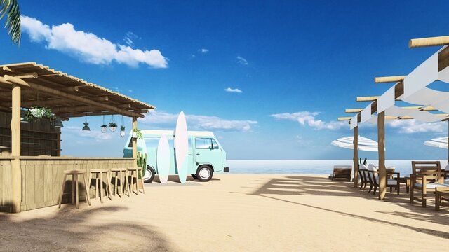 3d render from imagine summer beach bar in the sand with the sea beach bed bar fun party