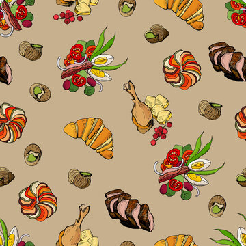 Seamless pattern with French cuisine dishes. Design for cafes, fabrics, textiles, wallpapers, packaging.	