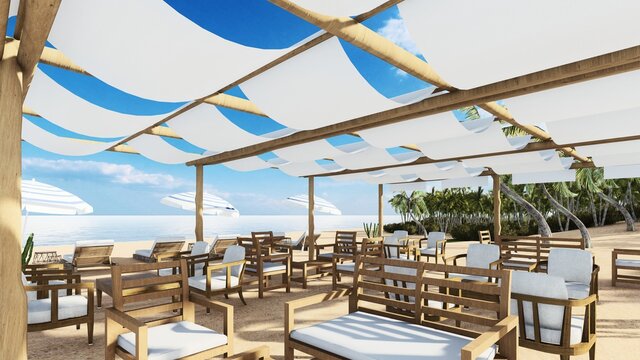 3d render from imagine summer beach bar in the sand with the sea beach bed bar restaurant