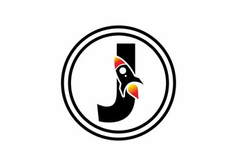 Black color of J initial letter with rocket