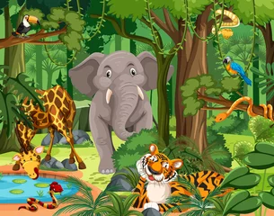 Poster Im Rahmen Wild animal cartoon character in the forest scene © blueringmedia