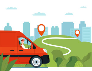 Cargo van with driver on the road against the backdrop of a rural landscape. Vector flat style illustration. © lyudinka