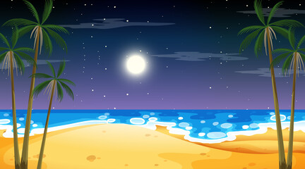 Fototapeta na wymiar Beach at night time landscape scene with palm tree