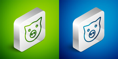 Isometric line Pig icon isolated on green and blue background. Animal symbol. Silver square button. Vector