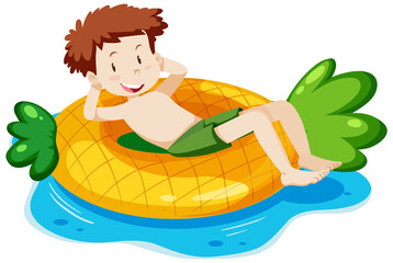 A boy laying on the pineapple swimming ring in the water isolated