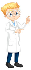 A boy cartoon character wearing laboratory coat