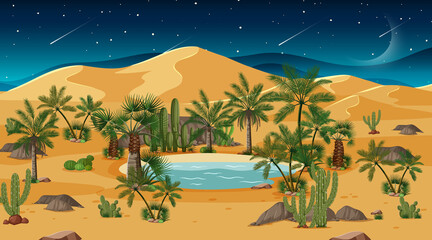 Obraz premium Desert forest landscape at night scene with oasis