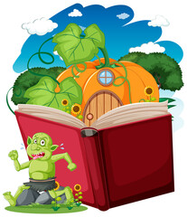 Goblin or troll cartoon character with a story book
