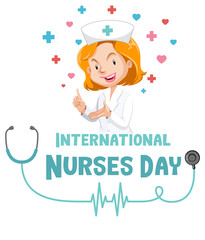 Happy International Nurses Day font with nurse cartoon character