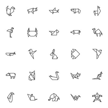 Origami animals line icons set