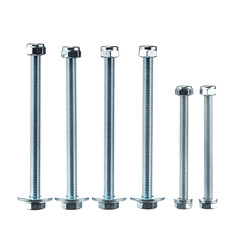 Six bolts with nuts and washers, four long and two medium, stand in a row, isolated on a white background.