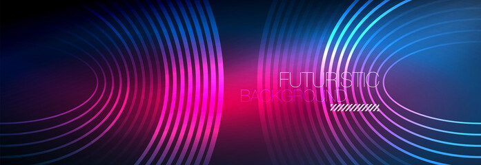 Dark abstract background with glowing neon circles. Trendy layout template for business or technology presentation, internet poster or web brochure cover, wallpaper
