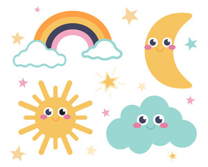 Cute set of stars, moon, rainbow, cloud and sun. Vector image in a flat cartoon style. Decor for children's room, posters, postcards, clothing and interior