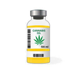 Cannabis oil bottle with barcode Logo of green leaf of Cannabis Sativa