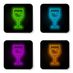 Glowing neon line Wine glass icon isolated on white background. Wineglass sign. Black square button. Vector