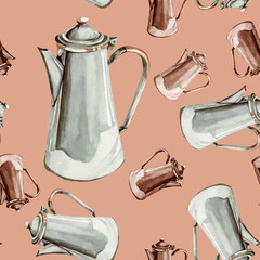 Grey and brown teapots watercolor isolated on beige background seamless pattern for all prints. Hand painted.