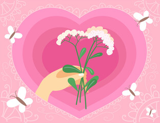 Hand holding bouquet of flowers against heart and butterflies. Bunch of white wildflowers on pink background with lace decoration illustration. Valentine, love, relationship, spring, holiday concept